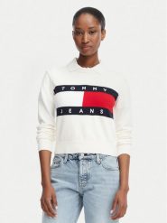 Tommy Jeans Sweter Flag DW0DW22930 Biały Regular Fit. Białe swetry nierozpinane damskie Tommy Jeans, s, bez wzorów, z bawełny, bez kołnierzyka, bez ramiączek. Za 409.99 zł.