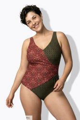 Damskie Strój kąpielowy palmy w kopertowym stylu miękkie miseczki. Fioletowe stroje kąpielowe damskie Ulla Popken, plus size, bez wzorów, z elastanu. Za 191.99 zł.