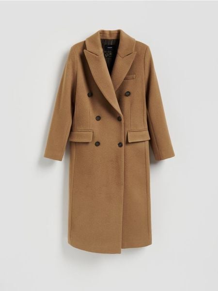 Płaszcz z wełną Bellandi - beżowy. Brązowe płaszcze damskie Reserved, l, bez wzorów, z tkaniny, bez kołnierzyka, bez kaptura. Za 699.99 zł.