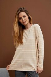 Bluza w paski beżowa. Brązowe bluzy damskie MOODO, xs, bez wzorów, z bawełny, bez ramiączek, bez kaptura. W wyprzedaży za 26.99 zł.
