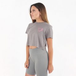 Koszulka crop z bawełny SPECIAL ołowiowy różowy. Szare bluzki damskie Legea, bez wzorów, z bawełny, sportowe, bez kołnierzyka, bez ramiączek. Za 43.00 zł.