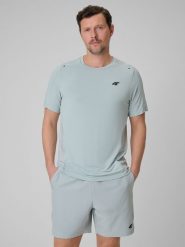 4F Koszulka regular treningowa szybkoschnąca męska - miętowa L. Niebieskie koszulki sportowe męskie 4F, l, bez wzorów, ze skóry, bez kołnierzyka, bez ramiączek. Za 129.99 zł.