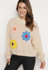 Beżowy Sweter z Wiskozą Ozdobiony Kwiatami 3D Alabine. Brązowe swetry nierozpinane damskie Born2be, l, bez wzorów, z jeansu, bez kołnierzyka, bez ramiączek. Za 99.99 zł.