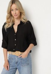 Czarna Wiskozowa Koszula Oversize z Lnem Zdobiona Kwiatową Aplikacją Finreis. Czarne koszule damskie Born2be, m, z aplikacjami, z jeansu, eleganckie, bez kołnierzyka, bez ramiączek. Za 79.99 zł.