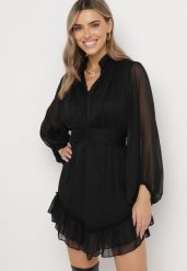 Czarna Rozkloszowana Sukienka z Falbanką Harlin. Czarne sukienki damskie Born2be, m, bez wzorów, bez kołnierzyka, bez ramiączek, mini, rozkloszowane. Za 169.99 zł.