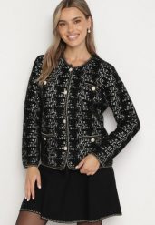 Czarny Kardigan w Stylu Retro z Perłowymi Guzikami i Metaliczną Nitką Daiviana. Czarne kardigany damskie Born2be, na zimę, m, bez wzorów, retro, bez kołnierzyka. Za 109.99 zł.