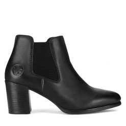 Botki Rieker. Czarne botki damskie Rieker, bez wzorów, bez obcasa, na słupku, bez zapięcia. Za 299.99 zł.