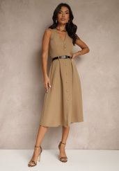 Ciemnobeżowa Rozkloszowana Sukienka z Guzikami Folunira. Brązowe sukienki damskie Renee, na lato, m, bez wzorów, eleganckie, bez kołnierzyka, bez ramiączek, midi, rozkloszowane. Za 89.99 zł.