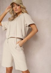 Beżowy Komplet Dresowy Bluza z Kapturem i Krótkimi Rękawami oraz Szorty Choana. Brązowe bluzy damskie Renee, s, bez wzorów, z dresówki, bez ramiączek, z kapturem. Za 109.99 zł.