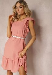 Różowa Sukienka o Rozkloszowanym Kroju z Krótkim Rękawem i Falbankami Lavolia. Czerwone sukienki damskie Renee, na co dzień, l, z aplikacjami, eleganckie, bez kołnierzyka, bez ramiączek, midi, rozkloszowane. Za 44.99 zł.