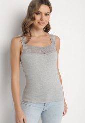Ciemnoszary Top z Bawełny Ozdobiony Koronkową Wstawką Arithara. Szare topy damskie Born2be, l, bez wzorów, z bawełny, eleganckie, bez kołnierzyka, bez ramiączek. Za 19.99 zł.