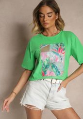 Zielony T-shirt z Bawełny Ozdobiony Brokatem Isadelle. Zielone t-shirty damskie Renee, m, bez wzorów, z bawełny, klasyczne, bez kołnierzyka, bez ramiączek. Za 39.99 zł.