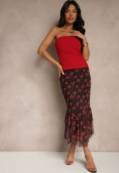 Czarno-Czerwona Dopasowana Spódnica z Ozdobną Falbaną Efravaria. Czarne spódnice damskie Renee, na co dzień, m, bez wzorów, eleganckie, midi, dopasowane. Za 69.99 zł.
