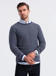 Męski dzianinowy sweter w strukturalne kropki – granatowy V1 OM-SWSW-0118 - XXL. Niebieskie swetry męskie Ombre Clothing, l, z aplikacjami, z bawełny, bez kołnierzyka, bez ramiączek. Za 119.99 zł.