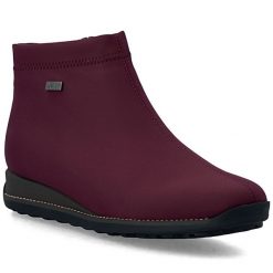 Wodoodporne botki damskie ocieplane bordowe Rieker TEX 98251-35. Czerwone botki damskie Rieker, bez wzorów, z materiału, bez obcasa, bez zapięcia. Za 369.00 zł.