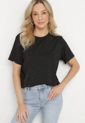 Czarny T-shirt z Wiskozą i Cyrkoniami Sanistria. Czarne t-shirty damskie Born2be, l, bez wzorów, z jeansu, klasyczne, bez kołnierzyka, bez ramiączek. Za 74.99 zł.