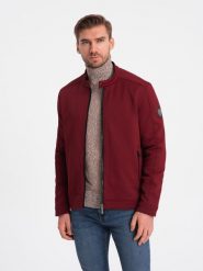 Męska kurtka o kroju biker ze strukturalnego materiału – bordowa V2. Czerwone kurtki męskie Ombre Clothing, m, bez wzorów, eleganckie, bez kaptura. W wyprzedaży za 79.99 zł.