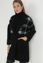 Czarny Płaszcz Krótki w Kratę Florenta. Czarne płaszcze damskie Born2be, z aplikacjami, z jeansu, eleganckie, bez kołnierzyka, bez kaptura. Za 309.99 zł.