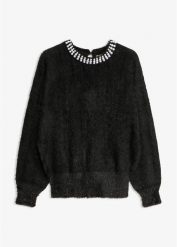 Sweter z aplikacją z perełek. Czarne swetry nierozpinane damskie bonprix, z aplikacjami, bez kołnierzyka, bez ramiączek. Za 149.99 zł.