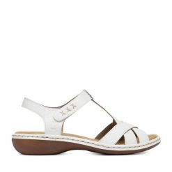 Sandały Rieker. Białe sandały damskie Rieker, bez wzorów, bez obcasa, na płaskiej podeszwie, bez zapięcia. Za 319.99 zł.