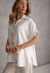 Biała Oversizowa Koszula z Wiskozy na Krótki Rękaw z Oryginalnymi Guzikami Isea. Białe koszule damskie Renee, l, bez wzorów, z materiału, eleganckie, bez kołnierzyka, bez ramiączek. Za 89.99 zł.