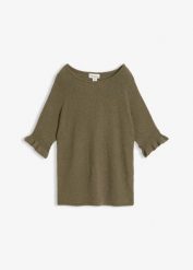 Sweter z mieszanki bawełny, rękawy z falbanką. Zielone swetry nierozpinane damskie bonprix, bez wzorów, z bawełny, bez kołnierzyka, bez ramiączek. Za 109.99 zł.