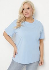 Jasnoniebieski Bawełniany Klasyczny T-shirt Oltebia. Niebieskie t-shirty damskie Born2be, uniwersalny, bez wzorów, z bawełny, klasyczne, bez kołnierzyka, bez ramiączek. Za 34.99 zł.