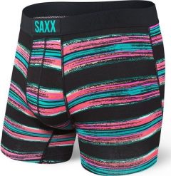 SAXX Bokserki męskie Vibe Boxer Brief Black Pulled Stripe r. S. Czarne bokserki męskie Saxx, bez wzorów. Za 103.99 zł.