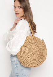 Beżowa Okrągła Torebka Typu Shopper z Plecionki z Dodatkowym Paskiem Enirta. Brązowe shopperki damskie Born2be, bez wzorów, bez dodatków. Za 99.99 zł.