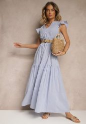 Niebieska Rozkloszowana Sukienka z Bawełny w Stylu Boho z Paskiem z Klamrą Iffarisa. Niebieskie sukienki damskie Renee, na co dzień, na lato, l, bez wzorów, z bawełny, boho, bez kołnierzyka, bez ramiączek, maxi, rozkloszowane. Za 89.99 zł.