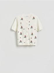 Kardigan z krótkim rękawem - złamana biel. Kardigany damskie Reserved, l, bez wzorów, z dzianiny, bez kołnierzyka. Za 129.99 zł.