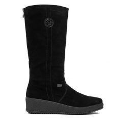 Kozaki Rieker. Czarne kozaki damskie Rieker, bez wzorów, bez obcasa, na koturnie, bez zapięcia. Za 459.99 zł.