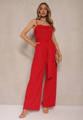 Czerwony Taliowany Kombinezon z Paskiem Desine. Czerwone sukienki damskie Renee, bez wzorów, eleganckie, bez kołnierzyka, bez ramiączek, dopasowane. Za 74.99 zł.