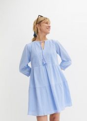 Sukienka koszulowa z czystej bawełny. Niebieskie sukienki damskie bonprix, na lato, bez wzorów, z bawełny, bez kołnierzyka, bez ramiączek, koszulowe. Za 189.99 zł.