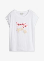 T-shirt z miękkiej wiskozy. Białe t-shirty damskie bonprix, bez wzorów, z wiskozy, bez kołnierzyka, bez ramiączek. Za 37.99 zł.