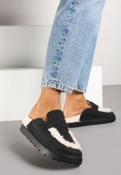 Czarne Klapki na Platformie Ozdobione Paskiem i Futerkiem w Stylu Baranka Islinna. Czarne klapki damskie Renee, bez wzorów, z jeansu, eleganckie, bez obcasa, na platformie, bez zapięcia. W wyprzedaży za 59.49 zł.
