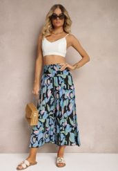 Czarno-Niebieskie Spodnie z Wiskozy High Waist z Gumką w Pasie Alaqinta. Czarne spodnie materiałowe damskie Renee, bez wzorów, z jeansu, eleganckie, z podwyższonym stanem. Za 39.99 zł.