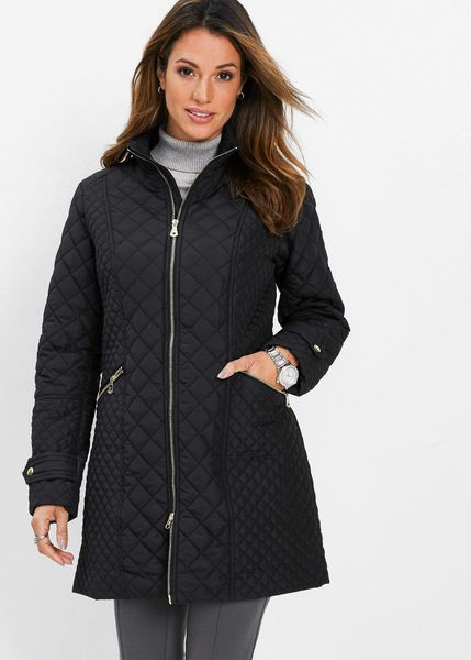 Krótki płaszcz pikowany. Czarne płaszcze damskie bonprix, bez wzorów, eleganckie, bez kołnierzyka, bez kaptura. Za 219.99 zł.