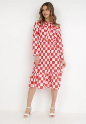 Czerwono-Biała Sukienka Phaenano. Czerwone sukienki damskie Born2be, na imprezę, l, bez wzorów, bez kołnierzyka, bez ramiączek, maxi, rozkloszowane. Za 49.99 zł.