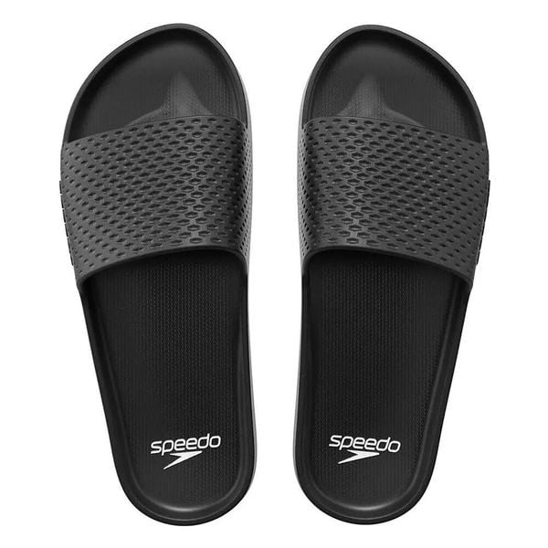 Klapki basenowe antypoślizgowe damskie Speedo Slide Entry. Czarne klapki damskie Speedo, na lato, bez wzorów, z materiału, bez obcasa, bez zapięcia. Za 63.99 zł.
