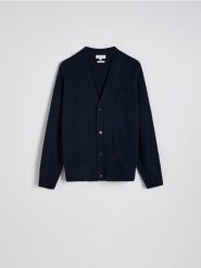 Rozpinany sweter z dodatkiem wełny - granatowy. Niebieskie swetry męskie Reserved, l, bez wzorów, z dzianiny, bez kołnierzyka, bez ramiączek. W wyprzedaży za 139.99 zł.