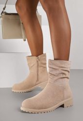 Ciemnobeżowe Botki z Imitacji Zamszu z Marszczoną Cholewką do Kostki Ilora. Brązowe botki damskie Renee, bez wzorów, z jeansu, eleganckie, bez obcasa, na płaskiej podeszwie, bez zapięcia. Za 89.99 zł.