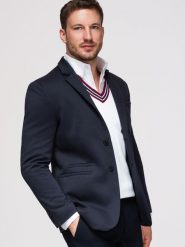 Dzianinowa marynarka męska o dopasowany kroju SLIM FIT - granatowa V3 - Rozmiar: M. Niebieskie garnitury męskie Ombre Clothing, m, bez wzorów, z bawełny, biznesowe, bez kołnierzyka, bez ramiączek. W wyprzedaży za 265.99 zł.