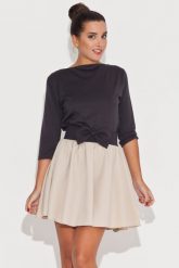 Rozkloszowana Beżowo-Czarna Spódnica z Kokardą. Brązowe spódnice damskie Katrus, xl, bez wzorów, z lycry, rozkloszowane. Za 179.00 zł.