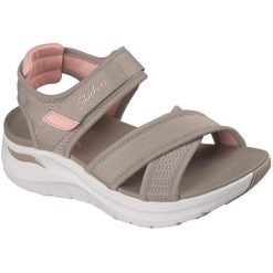 Sandały damskie Skechers Arch Fit 2.0 Sandal Feelin'. Brązowe sandały damskie Skechers, bez wzorów, z materiału, bez obcasa, bez zapięcia. Za 490.00 zł.
