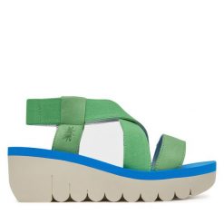 Sandały Fly London. Zielone sandały damskie Fly London, bez wzorów, bez obcasa, na koturnie, bez zapięcia. Za 289.99 zł.