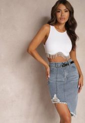 Niebieska Asymetryczna Bawełniana Spódnica Jeansowa High Waist z Łańcuchem i Paskiem Vimaliene. Niebieskie spódnice damskie Renee, na lato, m, bez wzorów, z bawełny, z podwyższonym stanem, mini, asymetryczne. Za 39.99 zł.