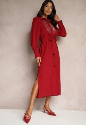 Bordowa Koszulowa Sukienka Ozdobiona Koralikami Cekinami i Paskiem Tidanis. Czerwone sukienki damskie Renee, na co dzień, l, bez wzorów, eleganckie, bez kołnierzyka, bez ramiączek, maxi, koszulowe. Za 159.99 zł.