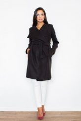 Czarny Elegancki Płaszcz Oversize Przewiązany Paskiem. Czarne płaszcze damskie Figl, l, bez wzorów, z materiału, eleganckie, bez kołnierzyka, bez kaptura. Za 389.00 zł.