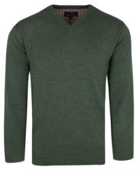 Męski Klasyczny Sweter w Serek (V-Neck) - Melanżowa Zieleń Khaki. Zielone swetry męskie Adriano Guinari, l, bez wzorów, z bawełny, biznesowe, bez kołnierzyka, bez ramiączek. Za 159.00 zł.